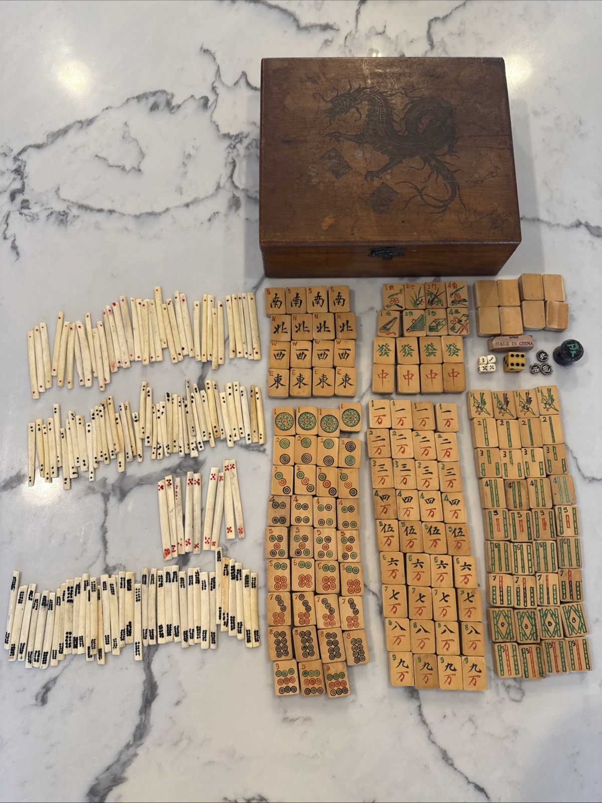 Vintage Chinese Mahjong Set Dragon Carved Wood Box Bamboo 147 Tiles Sticks Dice