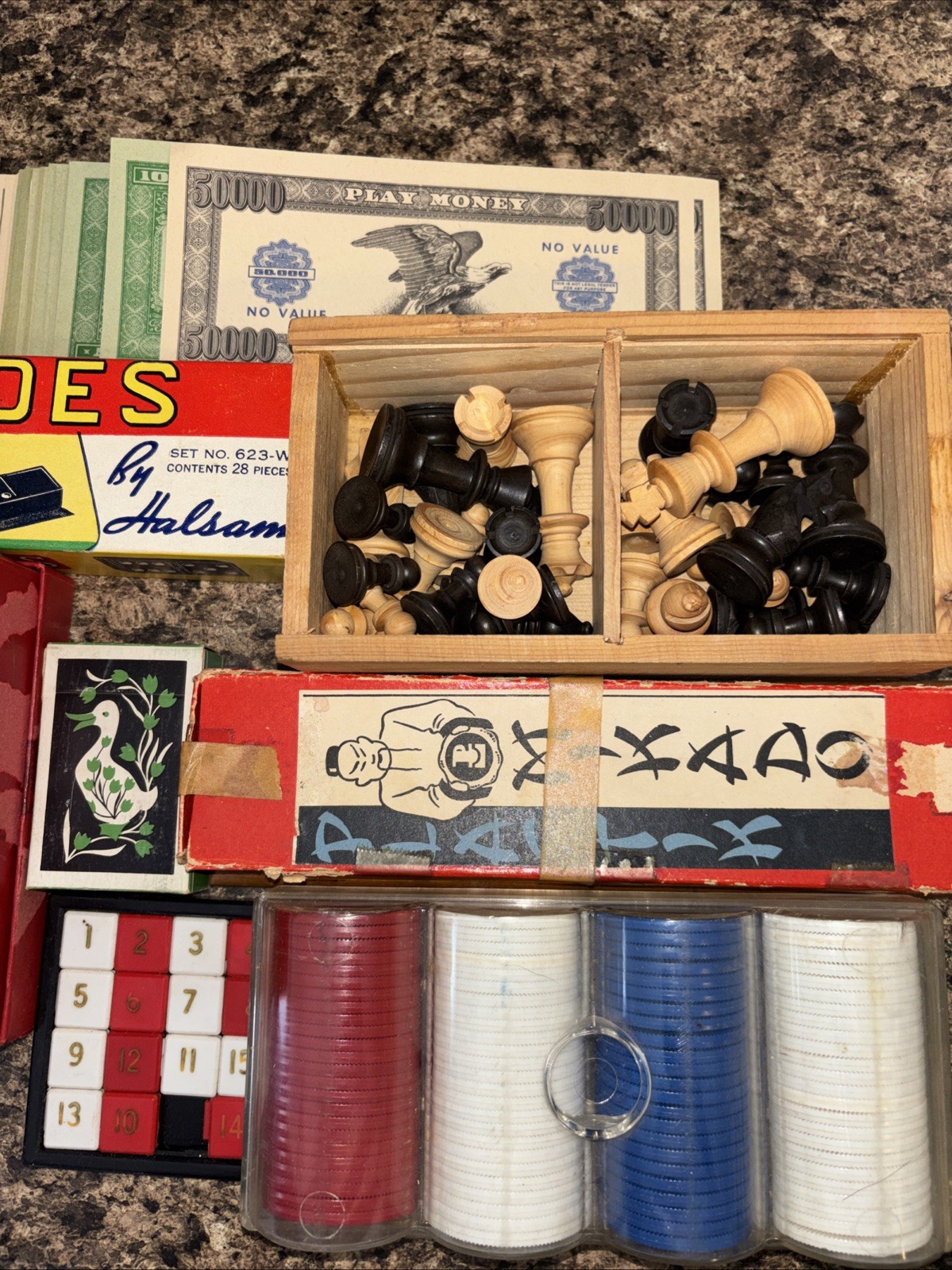 Lot Vintage Board Games Domino. Chess. Cribbage Board Dice Cards Chips