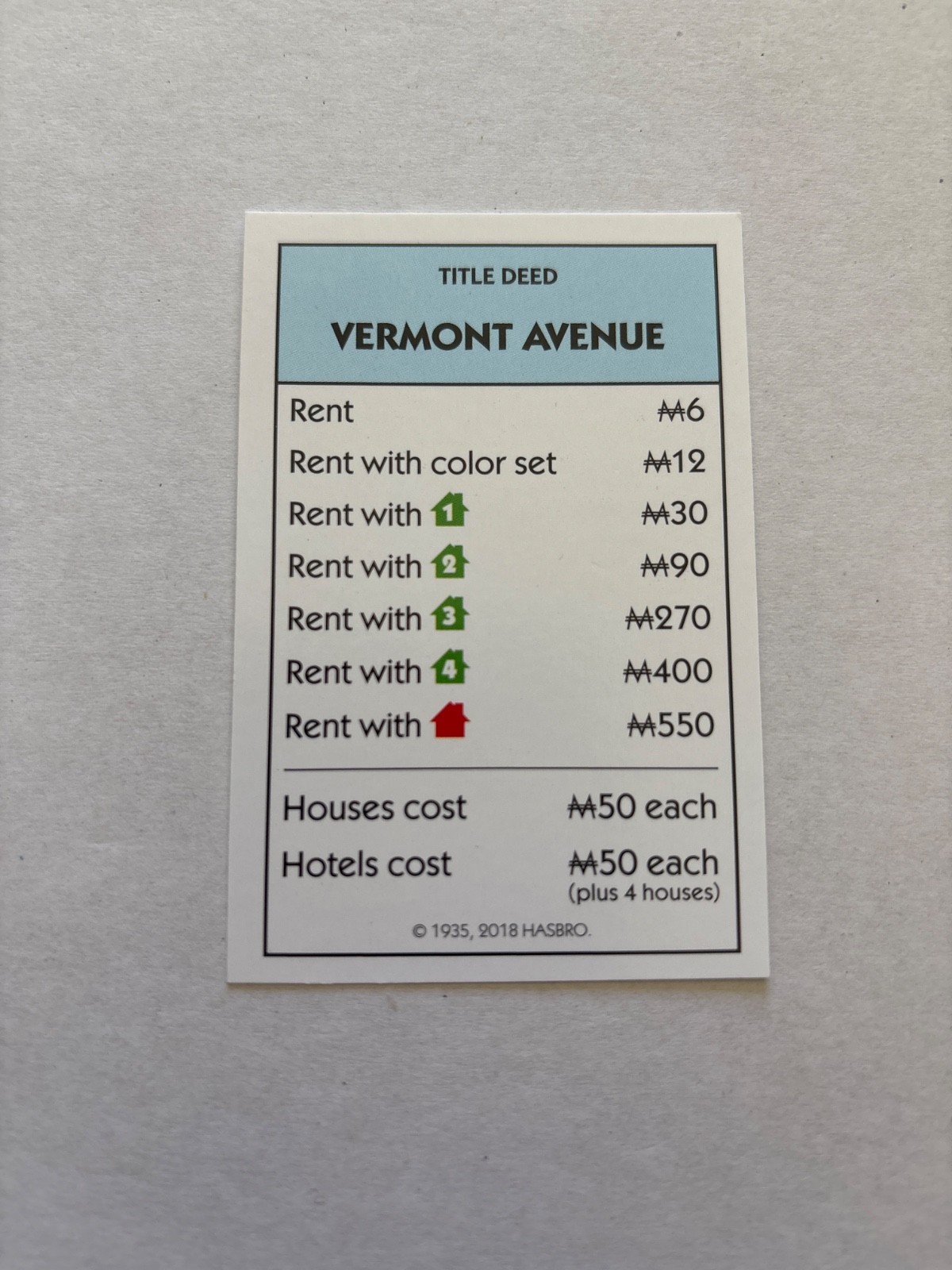 2018 Monopoly Vermont Ave Light Blue Title Deed Card Game Piece Part