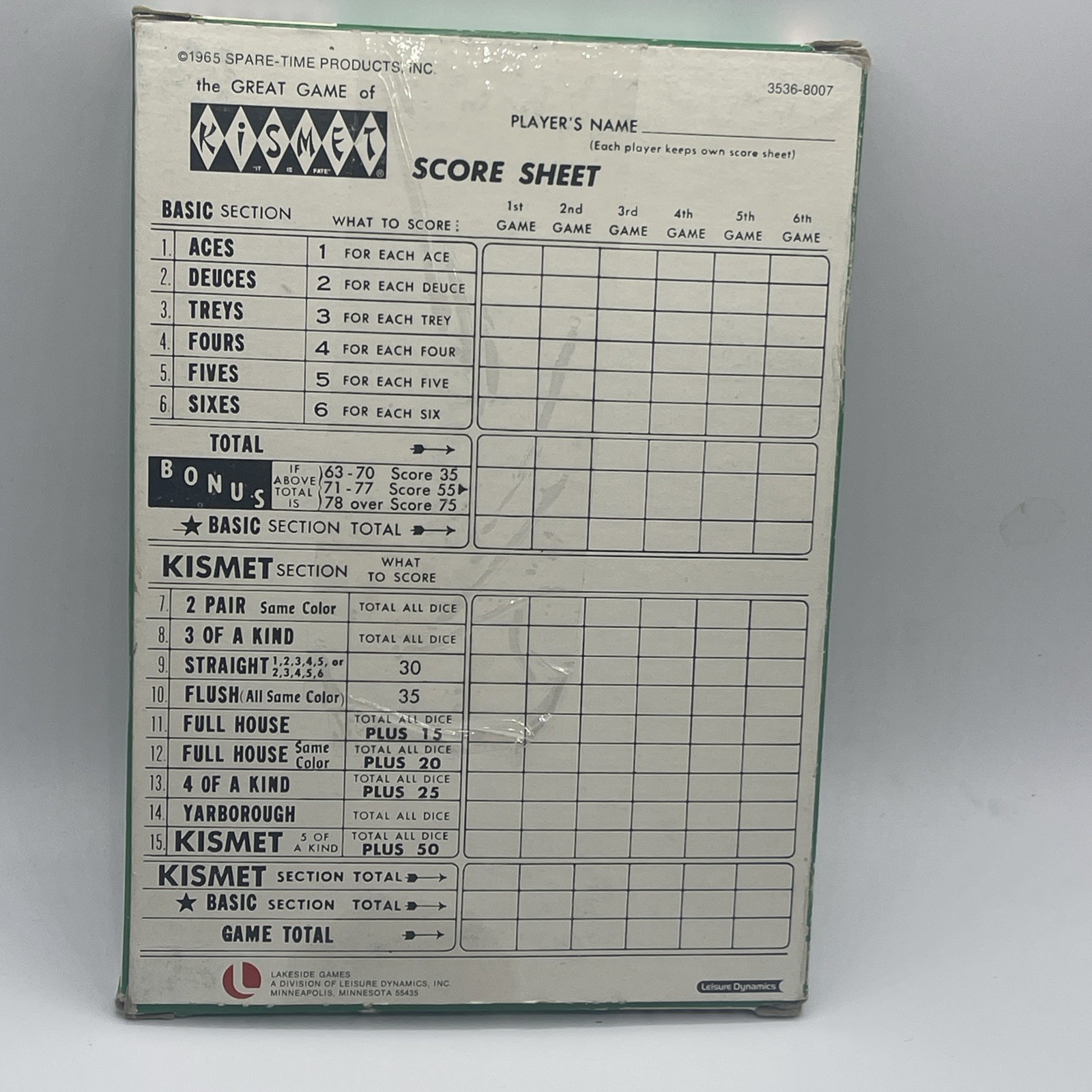 Vintage Kismet Game of Yacht 1975 Lakeside No. 8337 Score Pads Yahtzee