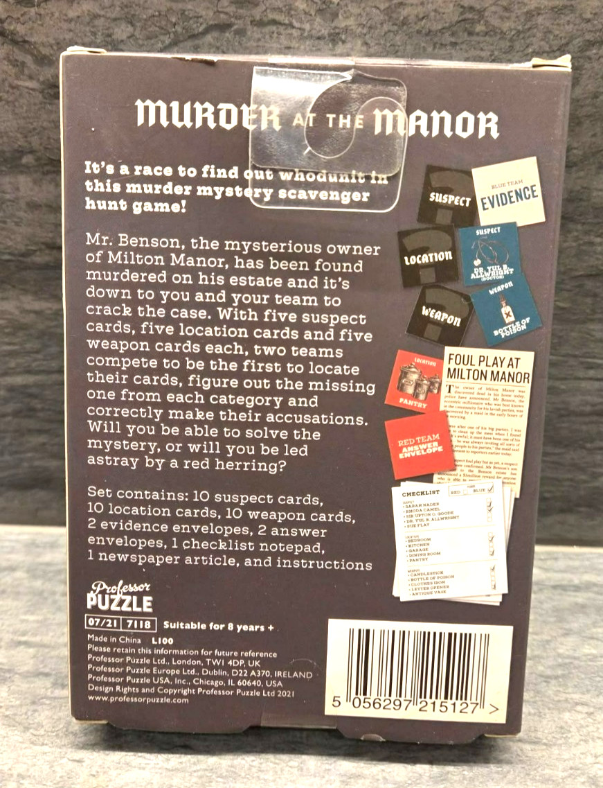 Professor Puzzle Murder at the Manor Board Game Crime Theme Ages 8+ 4 Players