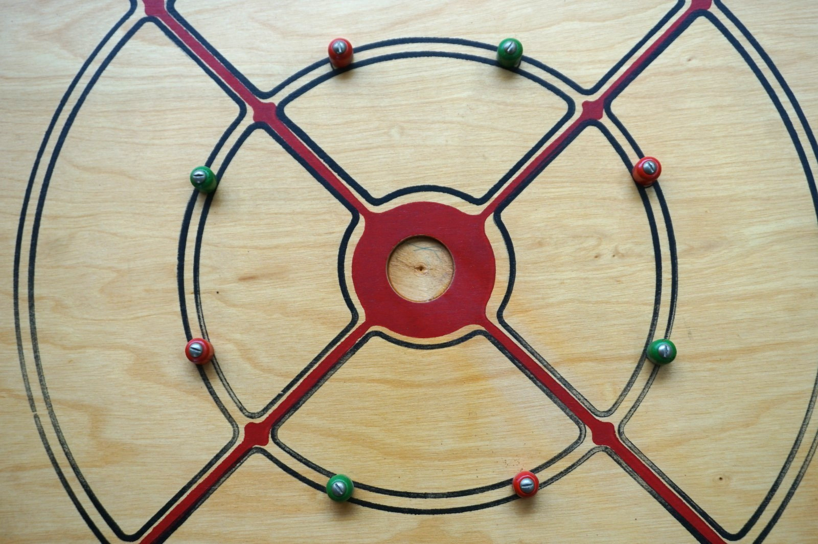 Vintage Wood Carrom 2 Sided Game Board 28″ x 28″ W 29 Pieces & 2 Cues