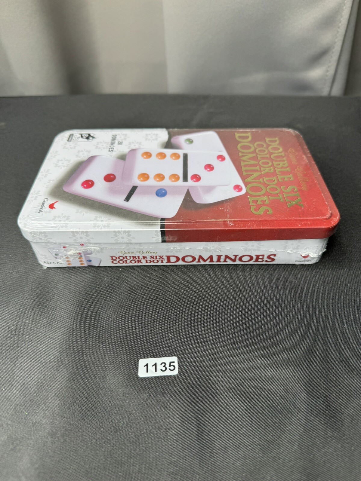 Cardinal Double Six Domino Set 28 Black Tiles Color Dots Tin Storage Case NEW