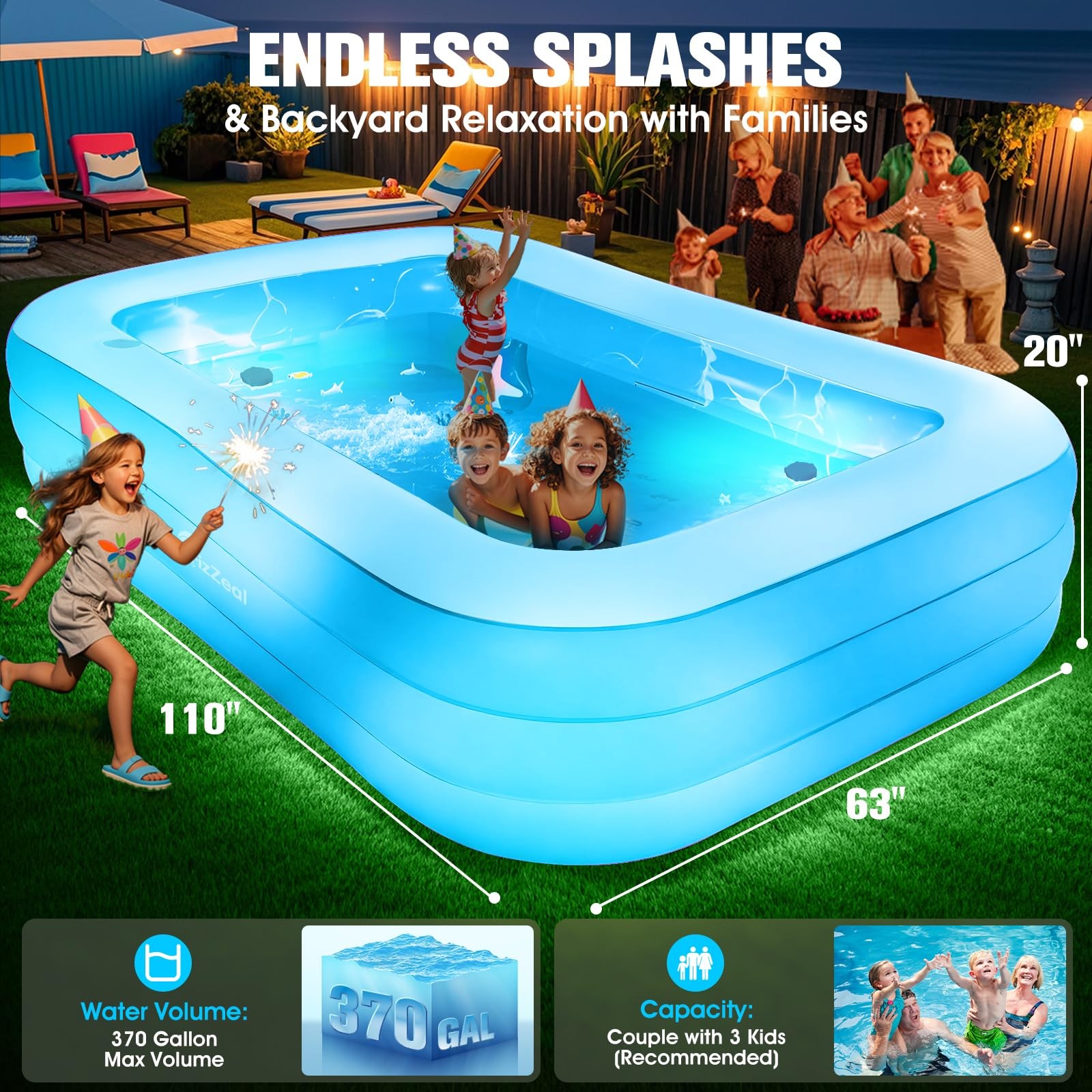 Inflatable Pool 110 x 63 20 Lights Seat Family Backyard White Durable Thickened