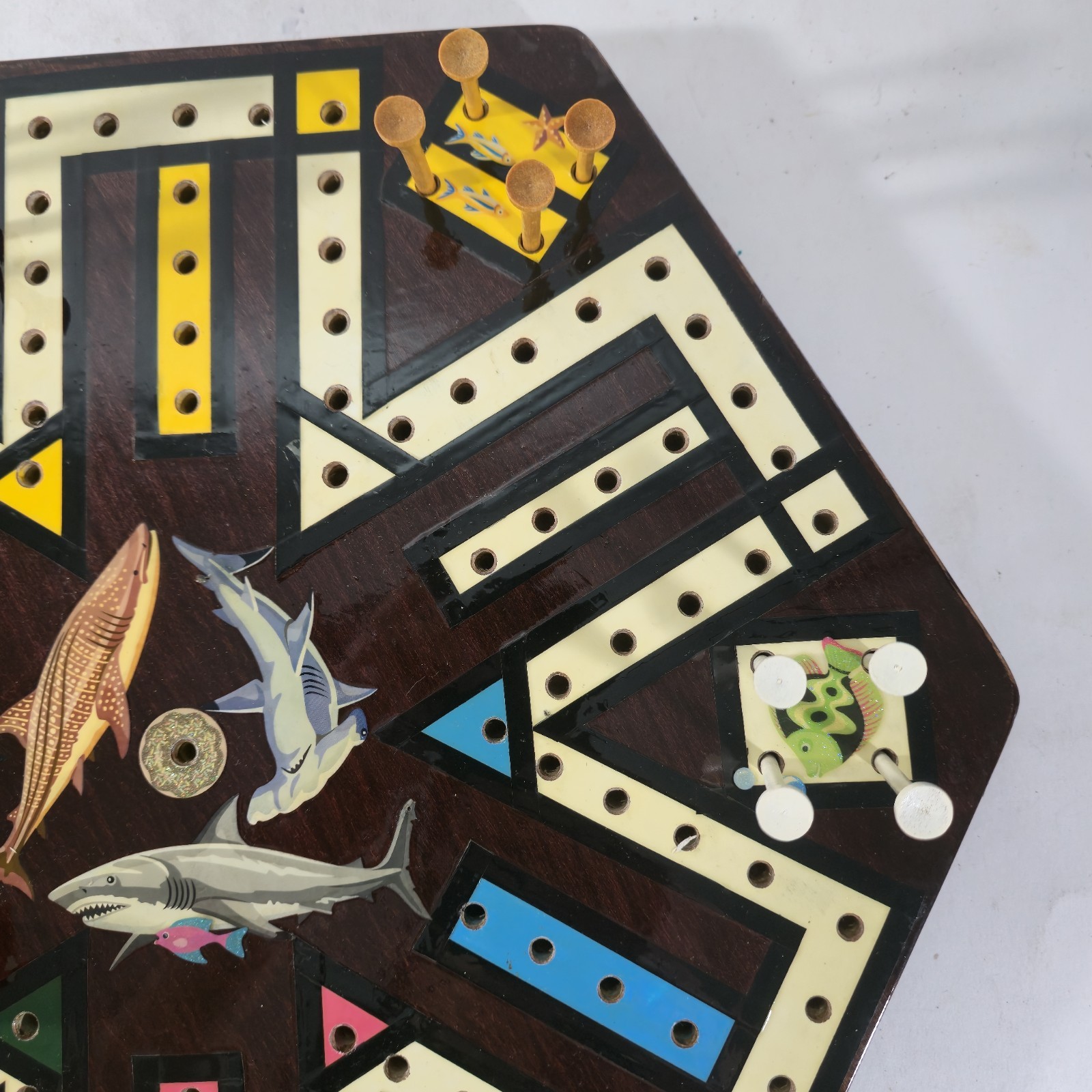 Hand Crafted 14″ Wooden Shark & Fish Aquatic Aggravation Tee Peg Game Board