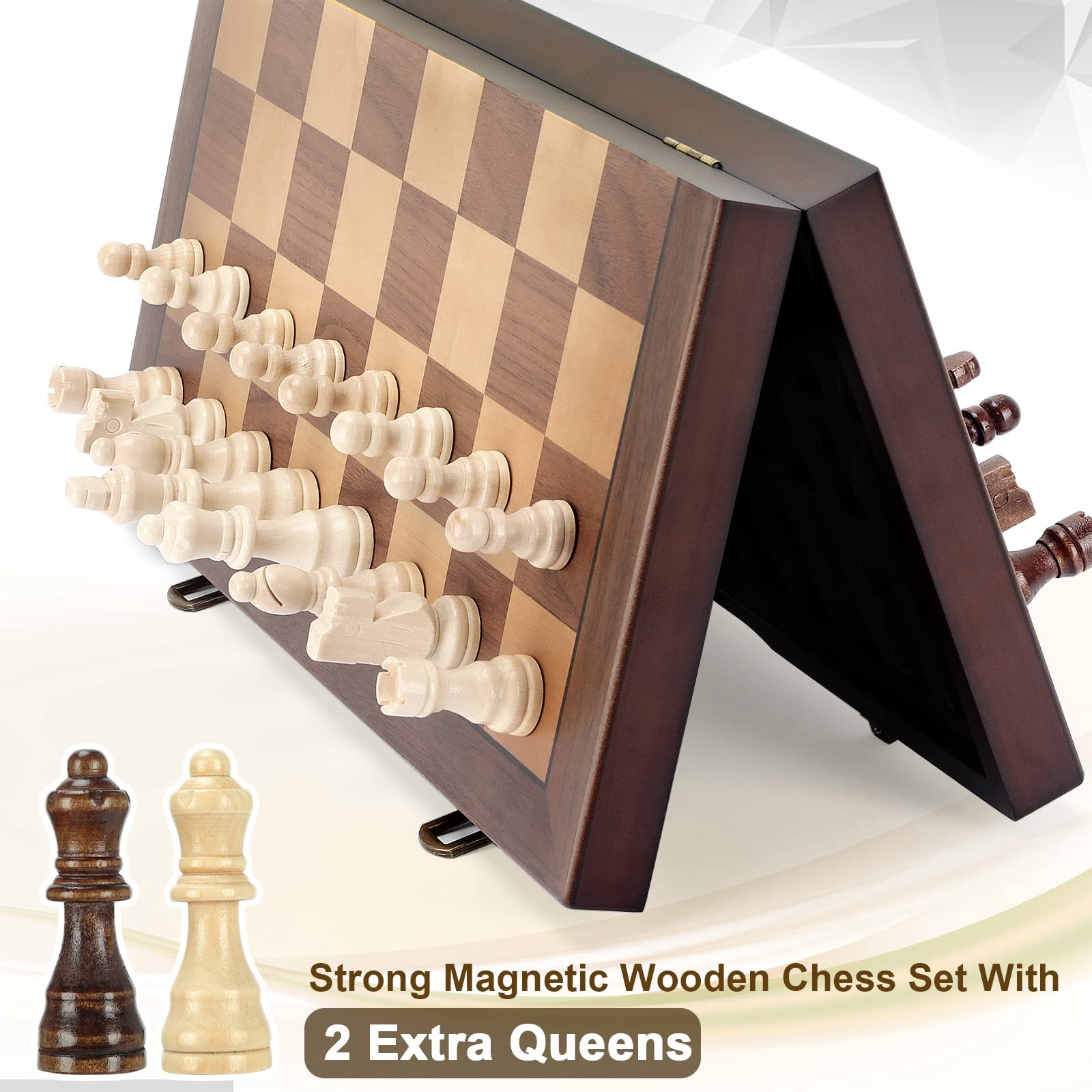 Unique Handmade Wooden Magnetic Chess Set Folding Portable Travel Game Board 17″