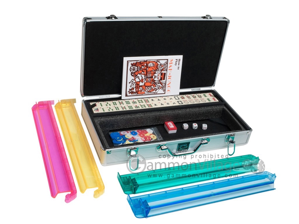 Mahjong Set by White Swan – Ivory Tiles, Modern Pushers, Silver Aluminum Case