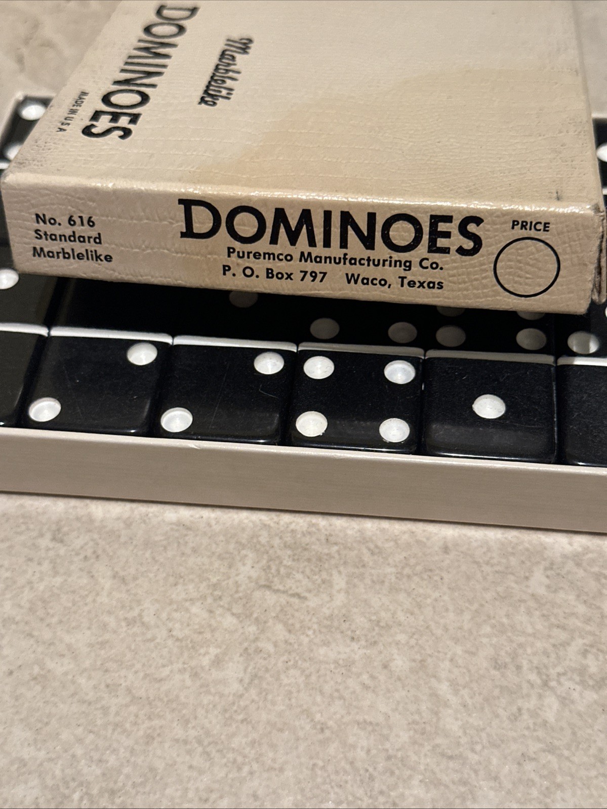 Vintage Puremco Marblelike Dominoes #616 Standard Domino Set In Box *Black