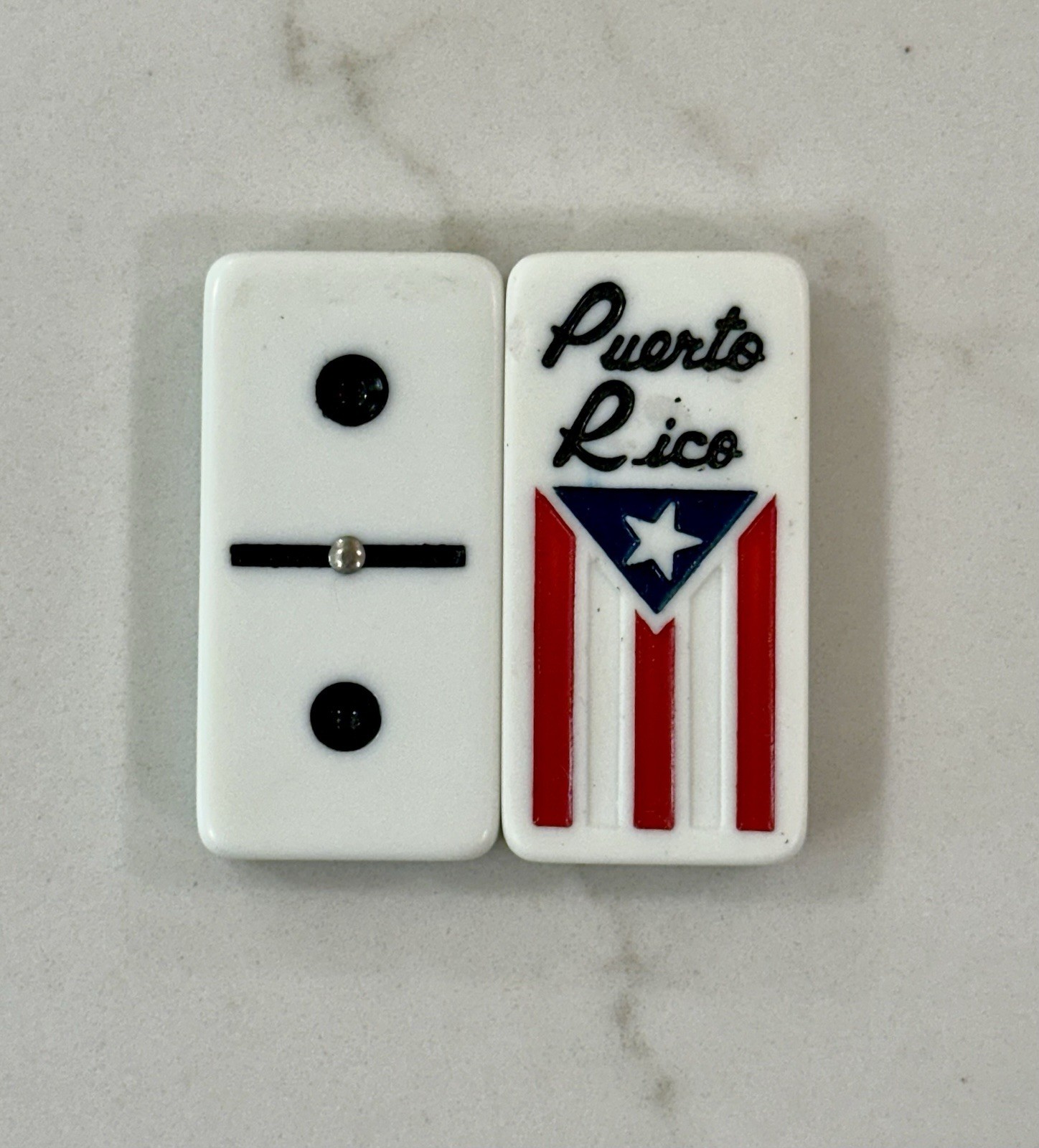 Double-Six Domino Set w/ Wood Box: 2” Puerto Rico Flag *Missing One Tile*