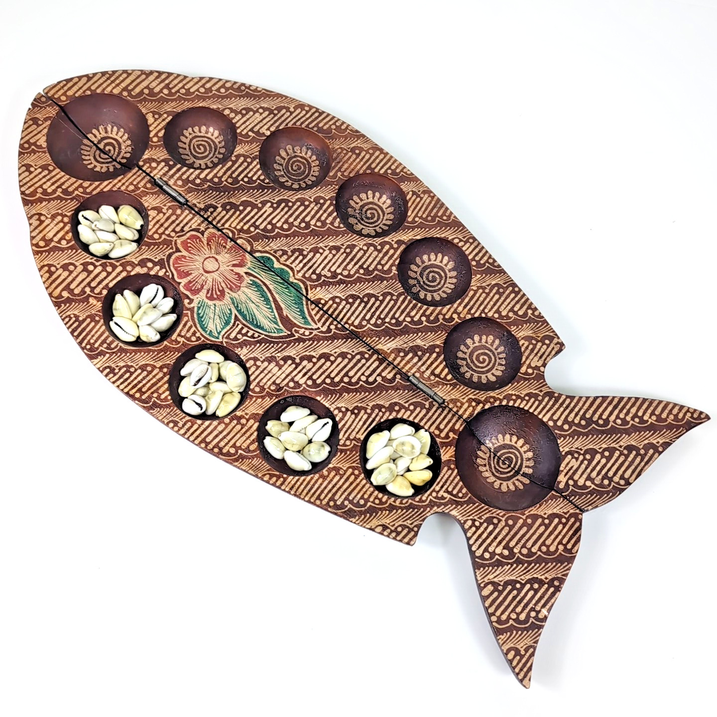 VTG Handmade Painted Fish Mancala Board Wood Shell Kalah Dakon Congklak Folk Art