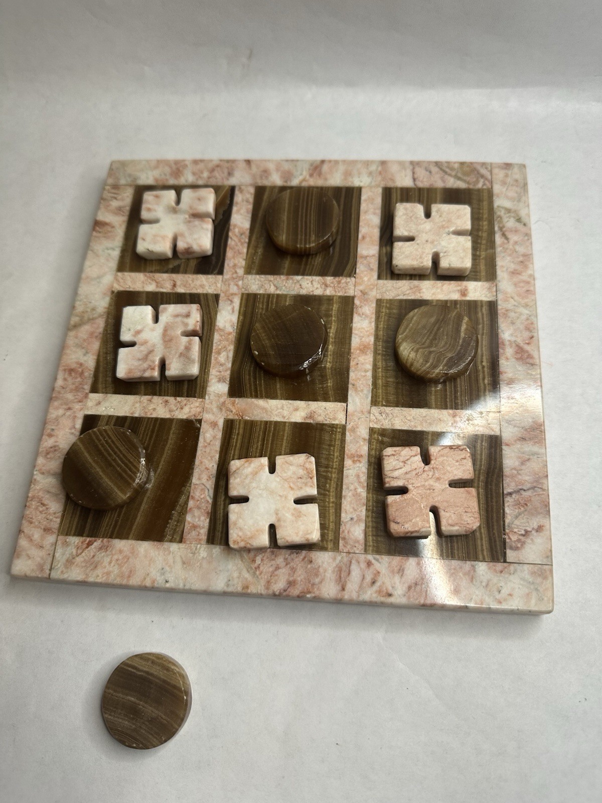 Hand Carved Onyx Marble Tic Tac Toe Game 7.5” Board Handmade Mexico Complete