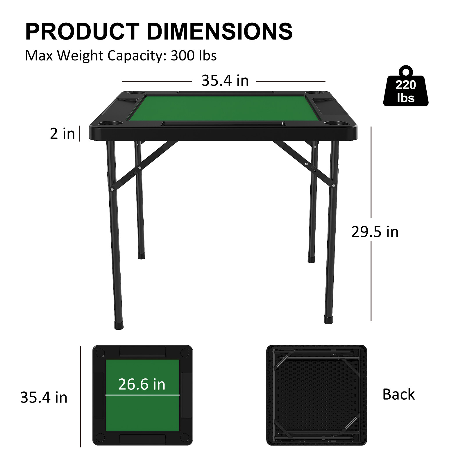 OROFULL Square Mahjong Table, Folding Game Table with Felt & Cup Holders, Black