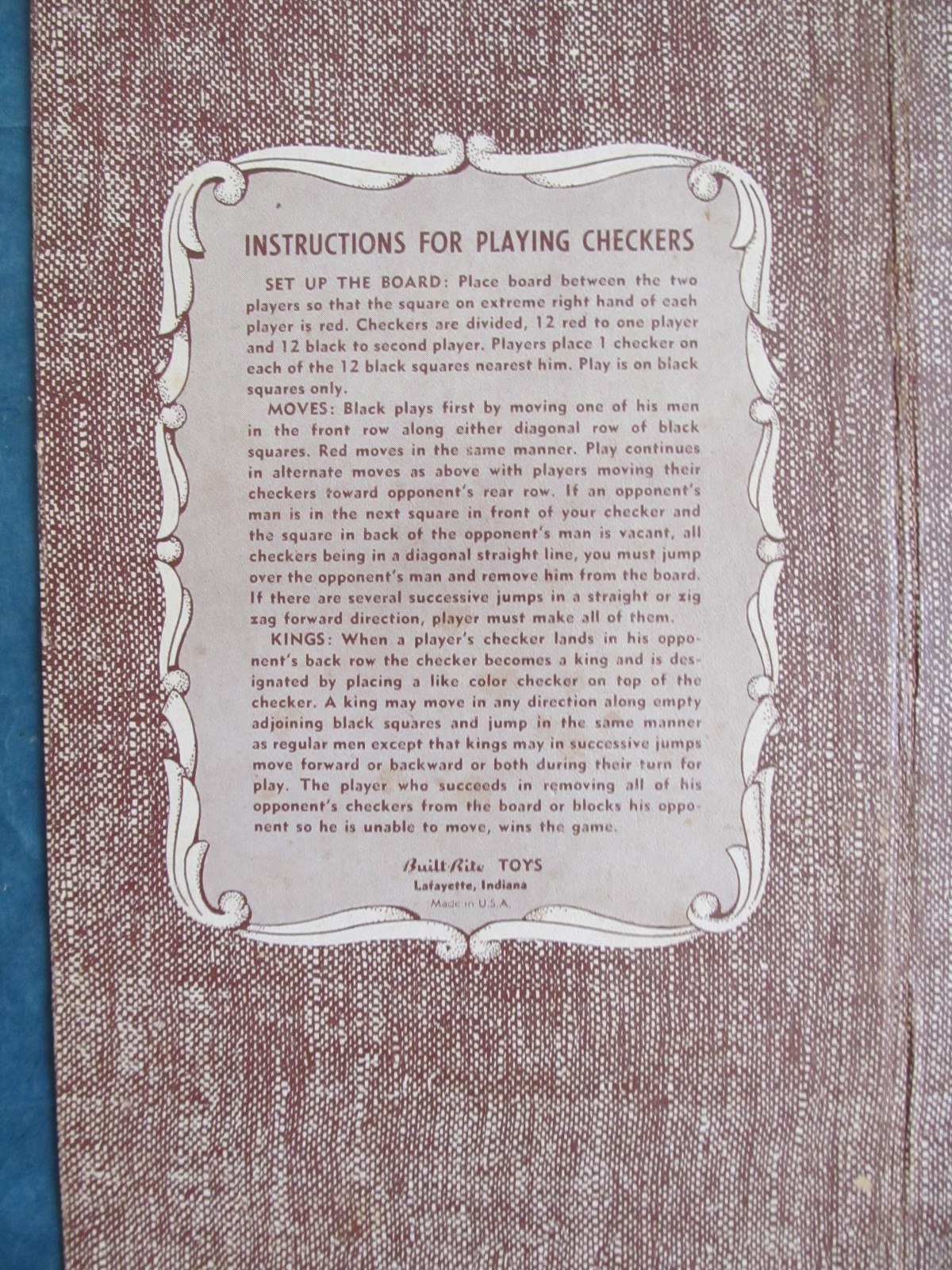 Vintage Built-Rite Checkers game board with how to play on reverse/back side