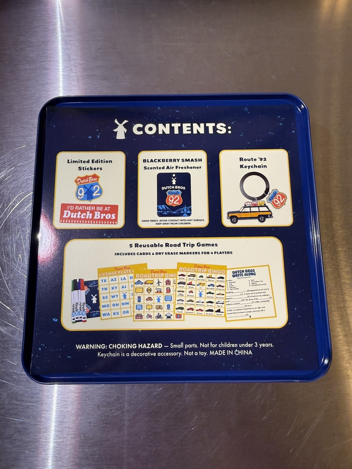 Dutch Bros Route 92 Road Trip Game Set Tin May 2026 Key Chain Stickers Reusable
