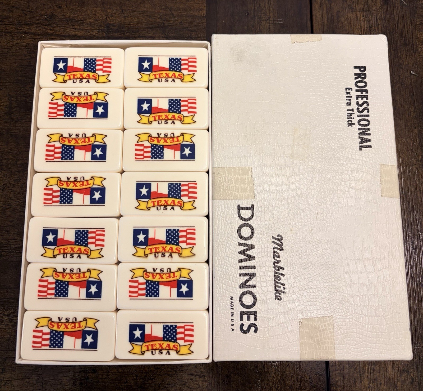 Vtg RARE Puremco Professional Extra Thick Marblelike Dominoes Texas & USA Flag
