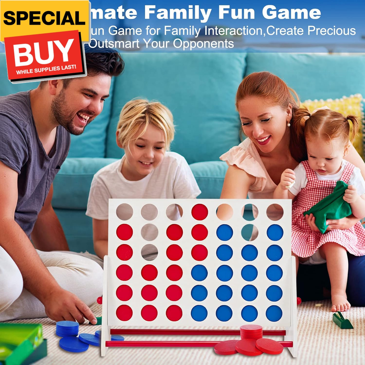 Portable Wooden 4 in a Row Game, Classic Wooden 4-to-Score Game Set with Coins &