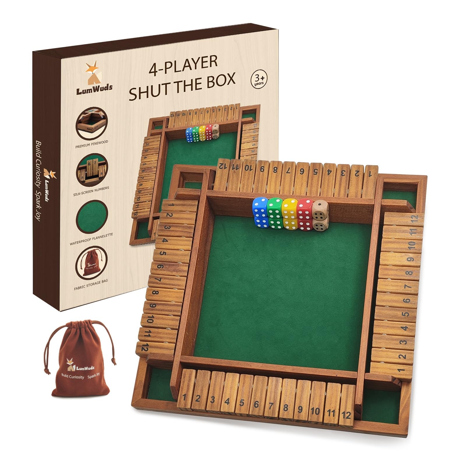 Shut The Box Game Wooden Board (13.78 Inches) for 1-4 Players, Family Dice Ga…