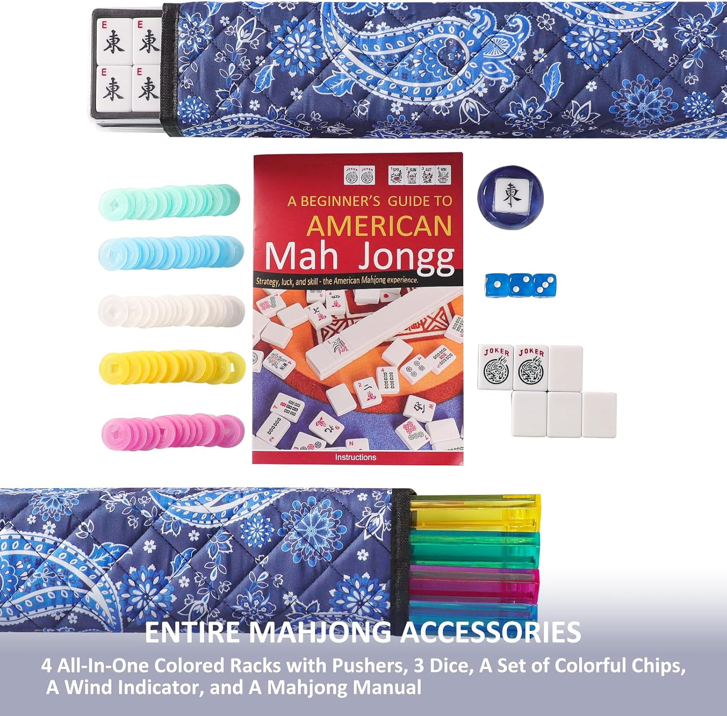 TIASUSAN American Mahjong Game Set, 166 White Tiles, Blue Printed Bag with Entir