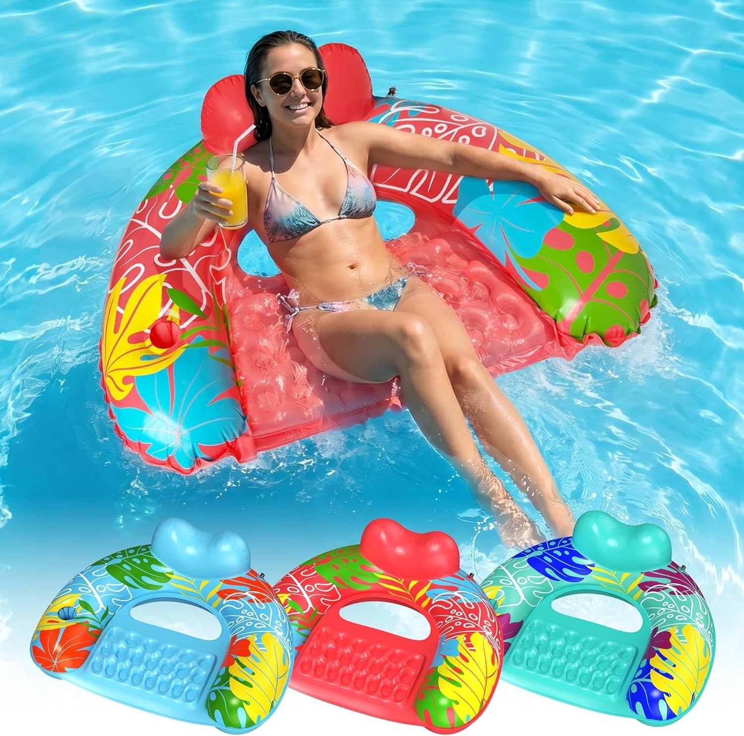 Pool Float Chair 3 Pack Inflatable Cup Holder Blue Green Pink Floats Adult Lake