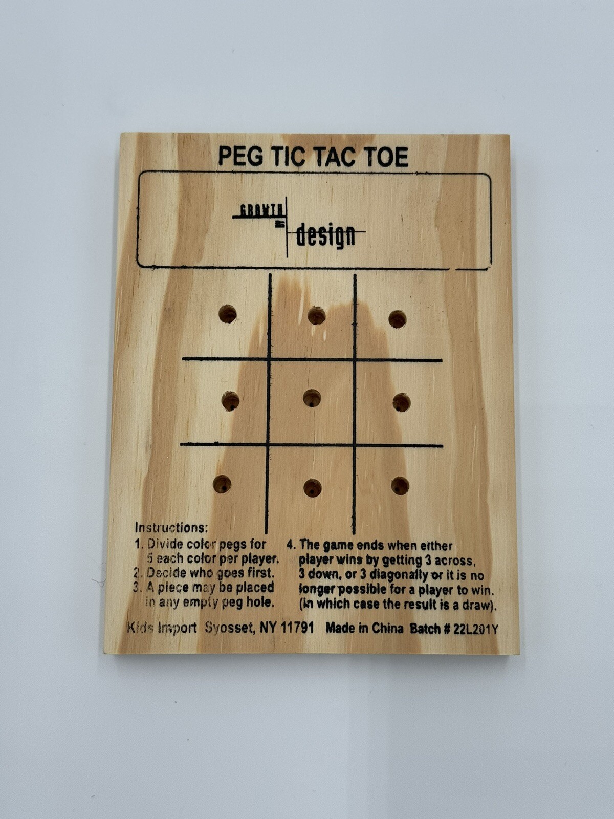 Peg Tic-Tac-Toe Game Wood Board 1 Gameboard 10 Pegs Included Growth by Design
