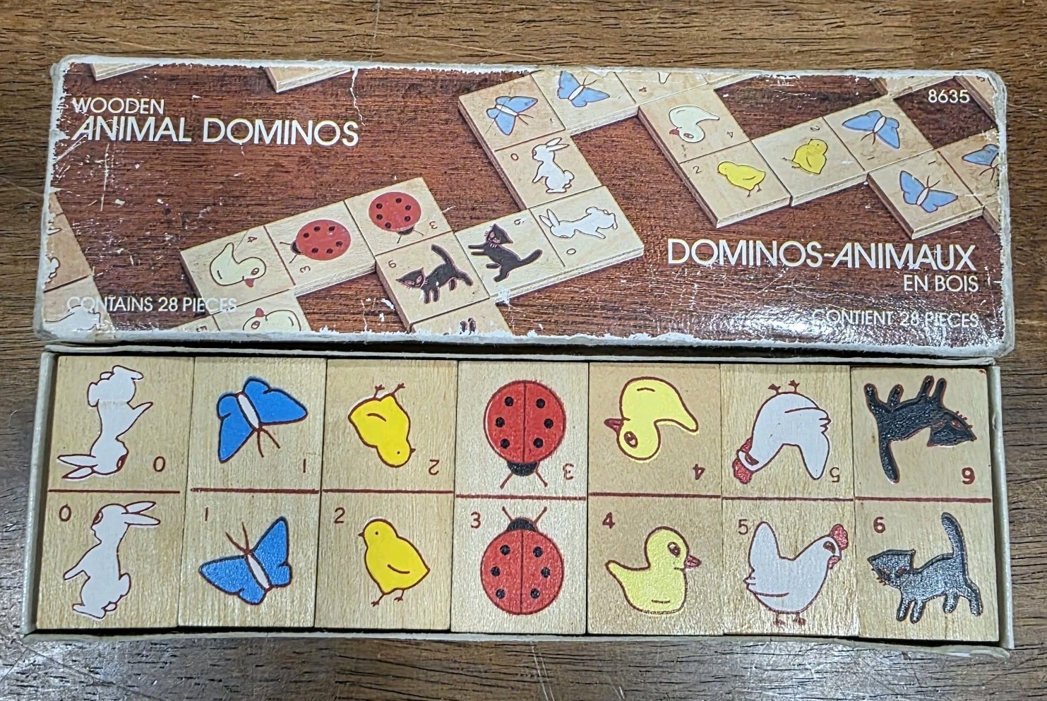 Vintage 1985 Children’s Wooden Animal Dominoes 28 Piece Set In Original Box