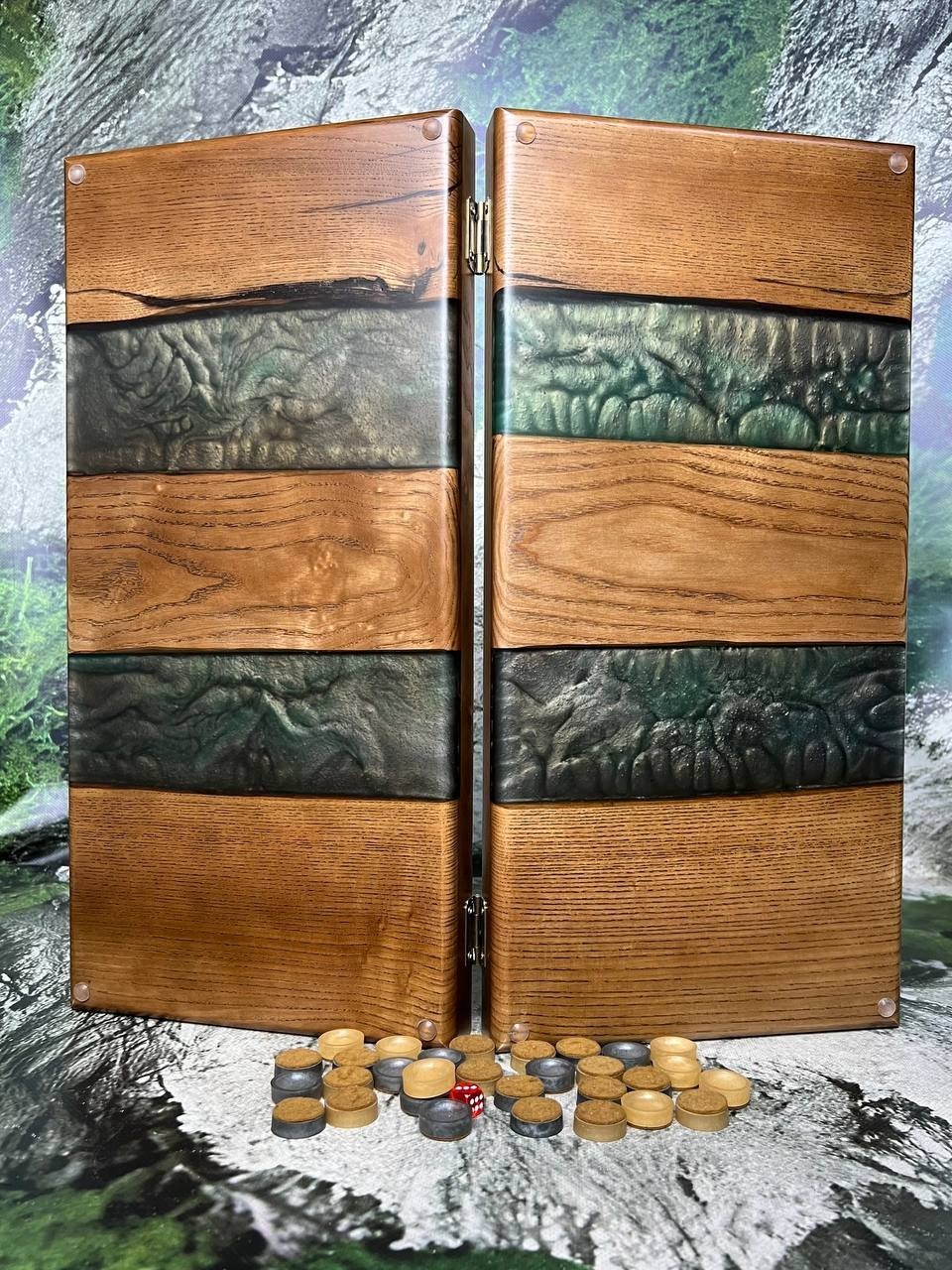 Green Epoxy River Backgammon Set | Natural Wood Luxury Game Board 50×50 cm