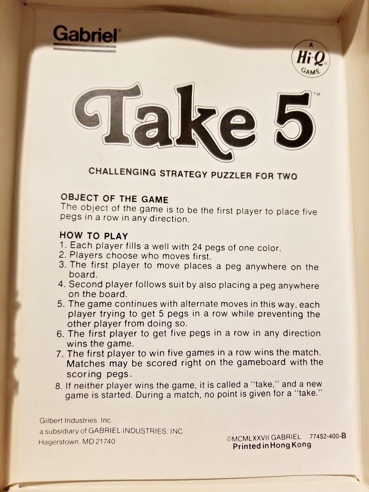 1977 Strategy Puzzle Game For Two – Take 5 By Gabriel – A Hi-Q Game