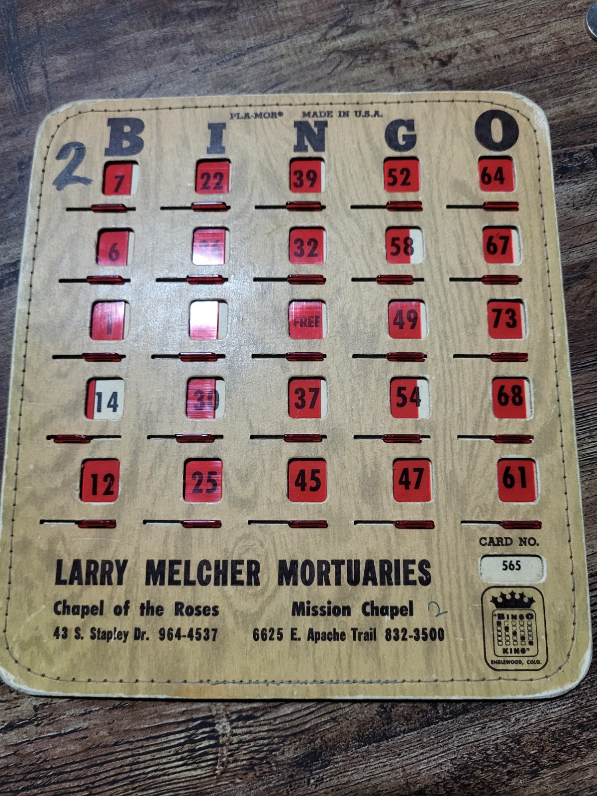 Larry Melcher Mortuaries Mesa Arizona Vintage Bingo Pla-Mor Card 1950’s 60’s