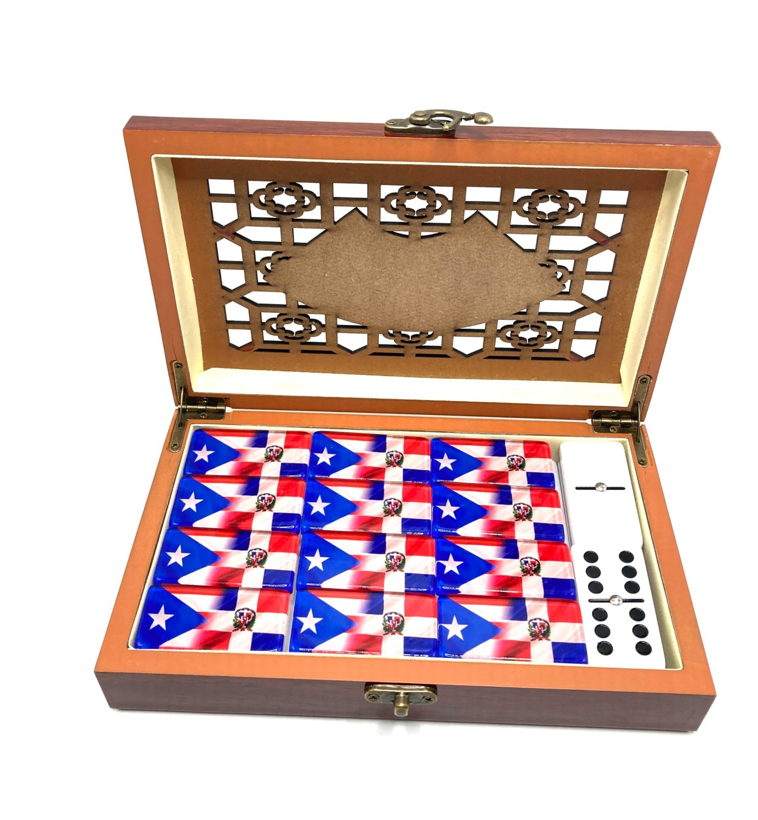 Premium Double Six Dominoes Set – Puerto Rico & Dominican Republic Flags – Resin