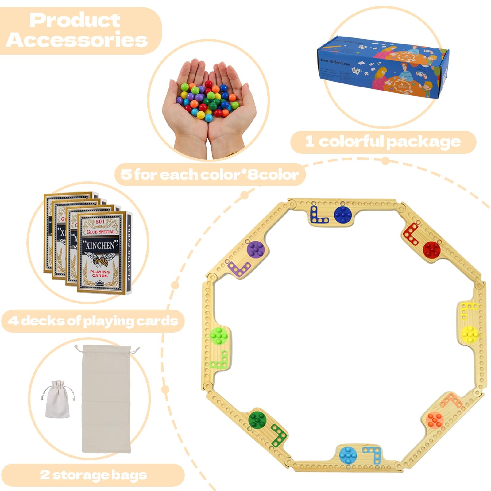 Wooden Jokers and Marbles Game Set 2 to 8 Players Travel Board with Cards