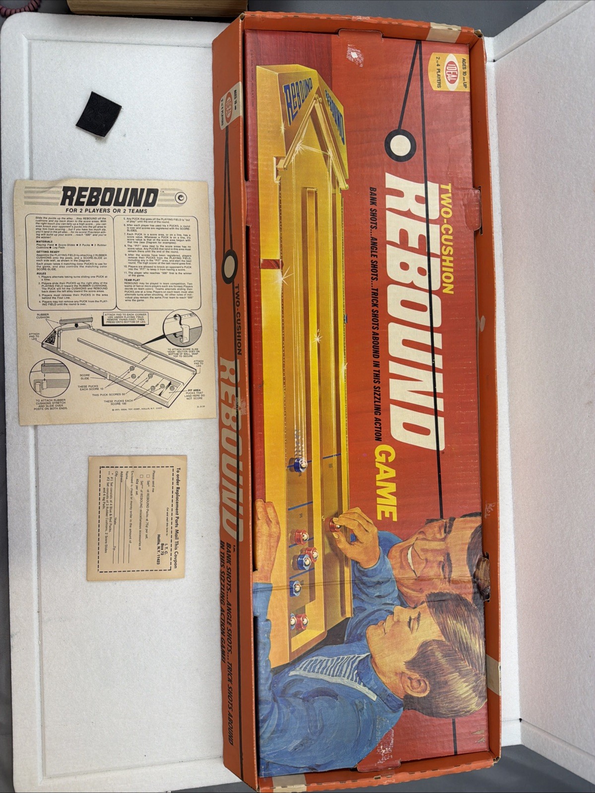 1971 Ideal Rebound Two Cushion Game Vintage Tabletop Shuffleboard Game And Box