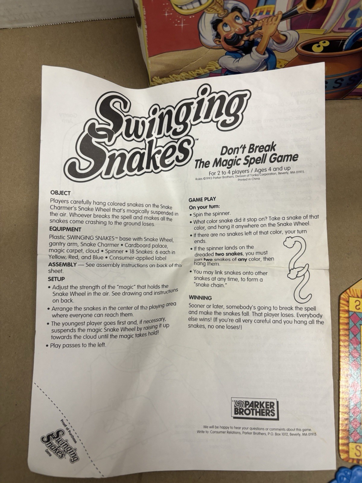 SWINGING SNAKES 1993 Vintage Parker Brothers Board Game COMPLETE