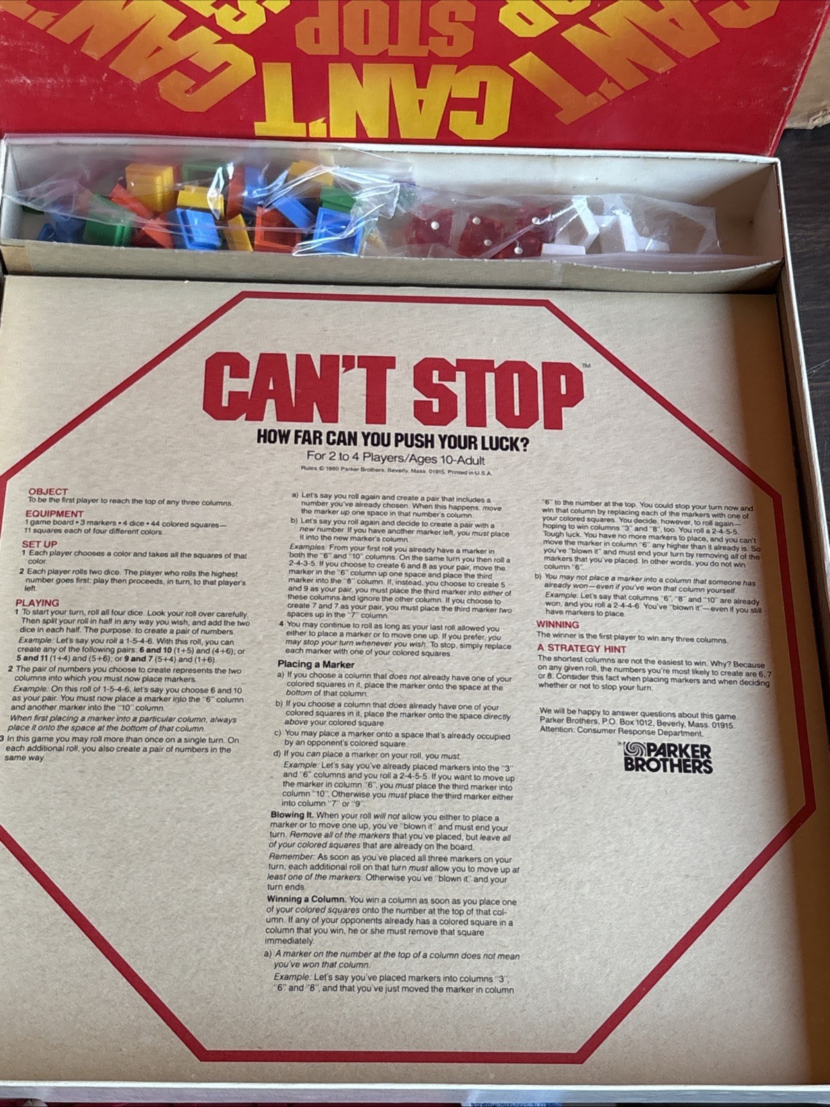 Vintage 1980 “Can’t Stop” Board Game No 122 Parker Brothers 2 to 4 Players