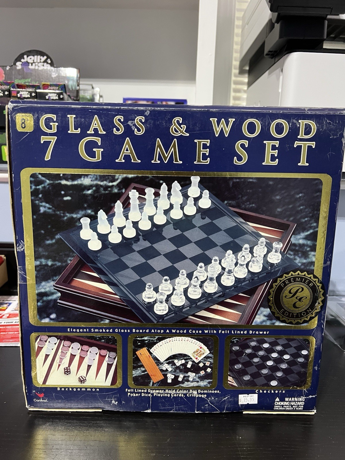 Cardinal Glass & Wood 7 Game Set Smoked Glass Board Wood Case Felt Drawer