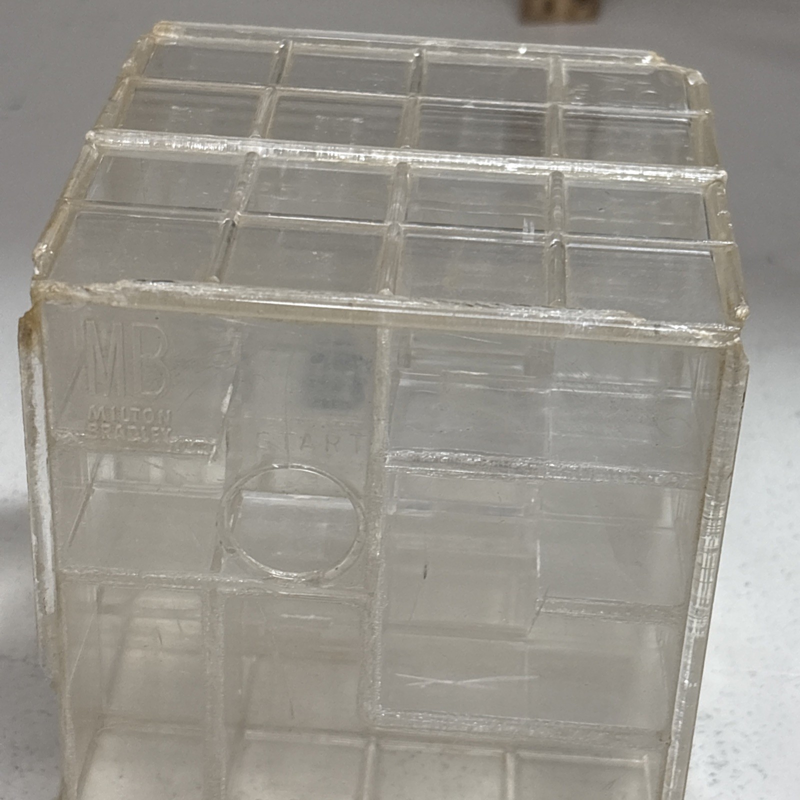 1960’s Milton Bradley Try-It Puzzle Maze Box Game 4″ Cube Vintage w/marble Works