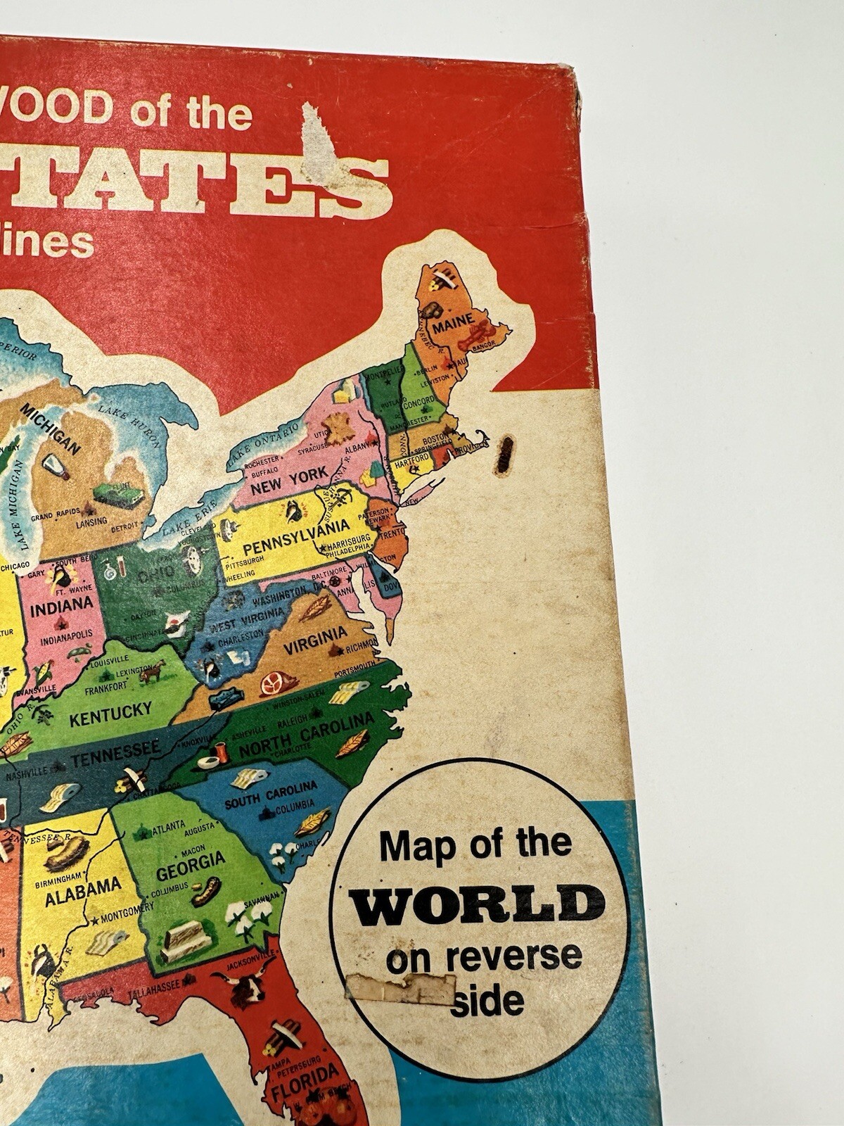 Vintage Wood Puzzle 1975 – Map of the United States and World (Reverse Side)