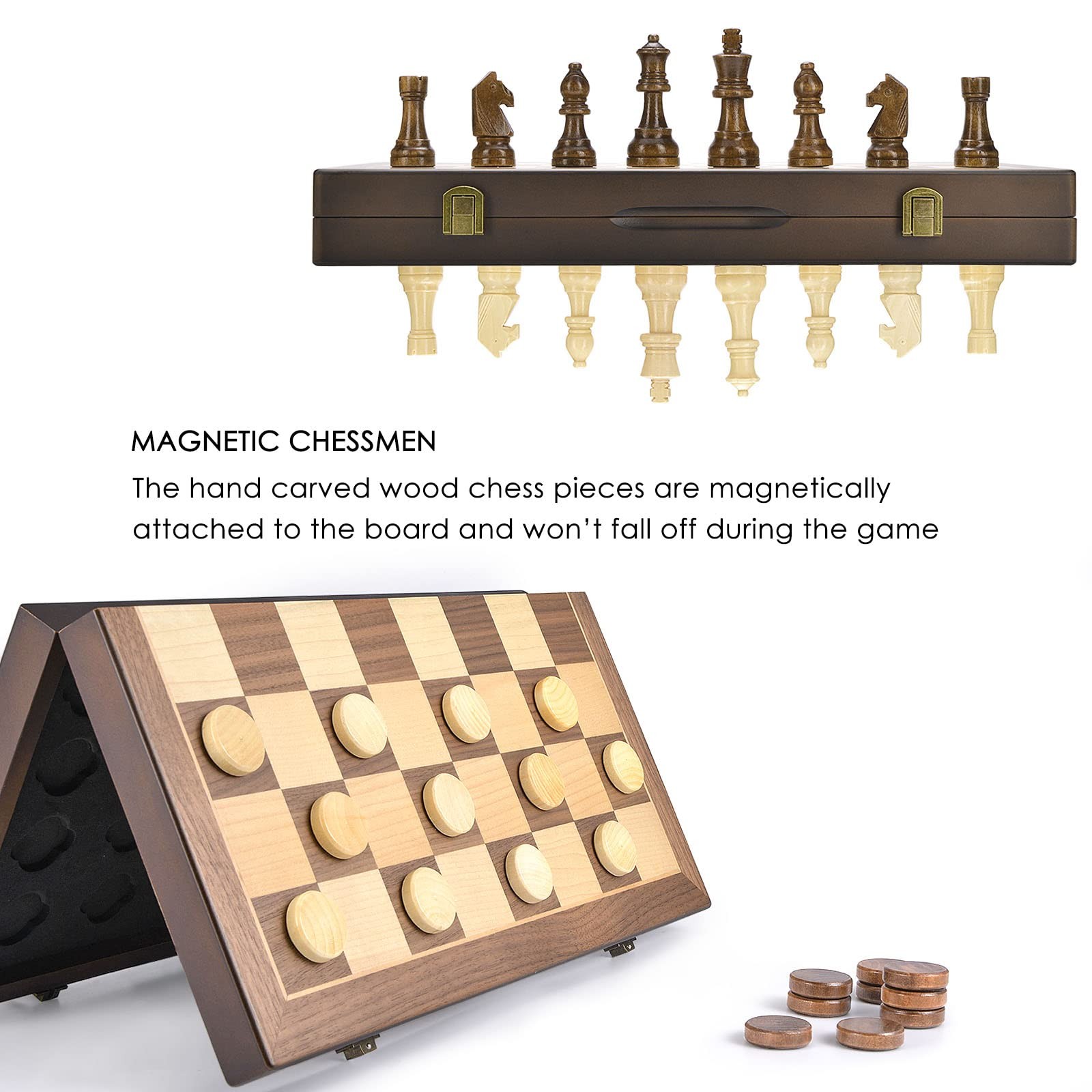 AMEROUS Magnetic Wooden Chess and Checkers Game Set, 15 Inches (2 in 1) Chess…
