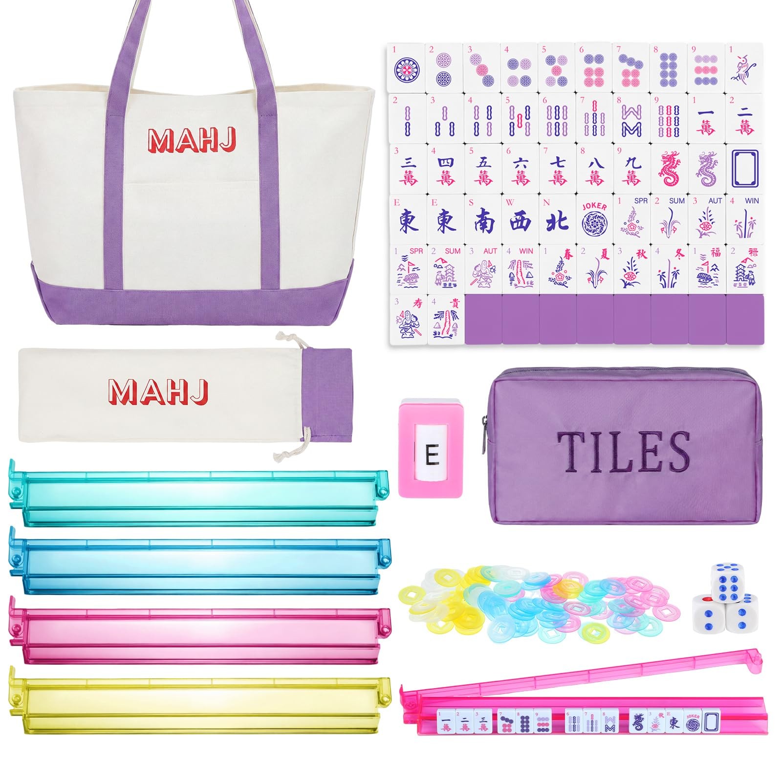 Ceenna American Mahjong Tile Set, 166 Tiles, 4 All-in-one Rack/Pushers, Compl…