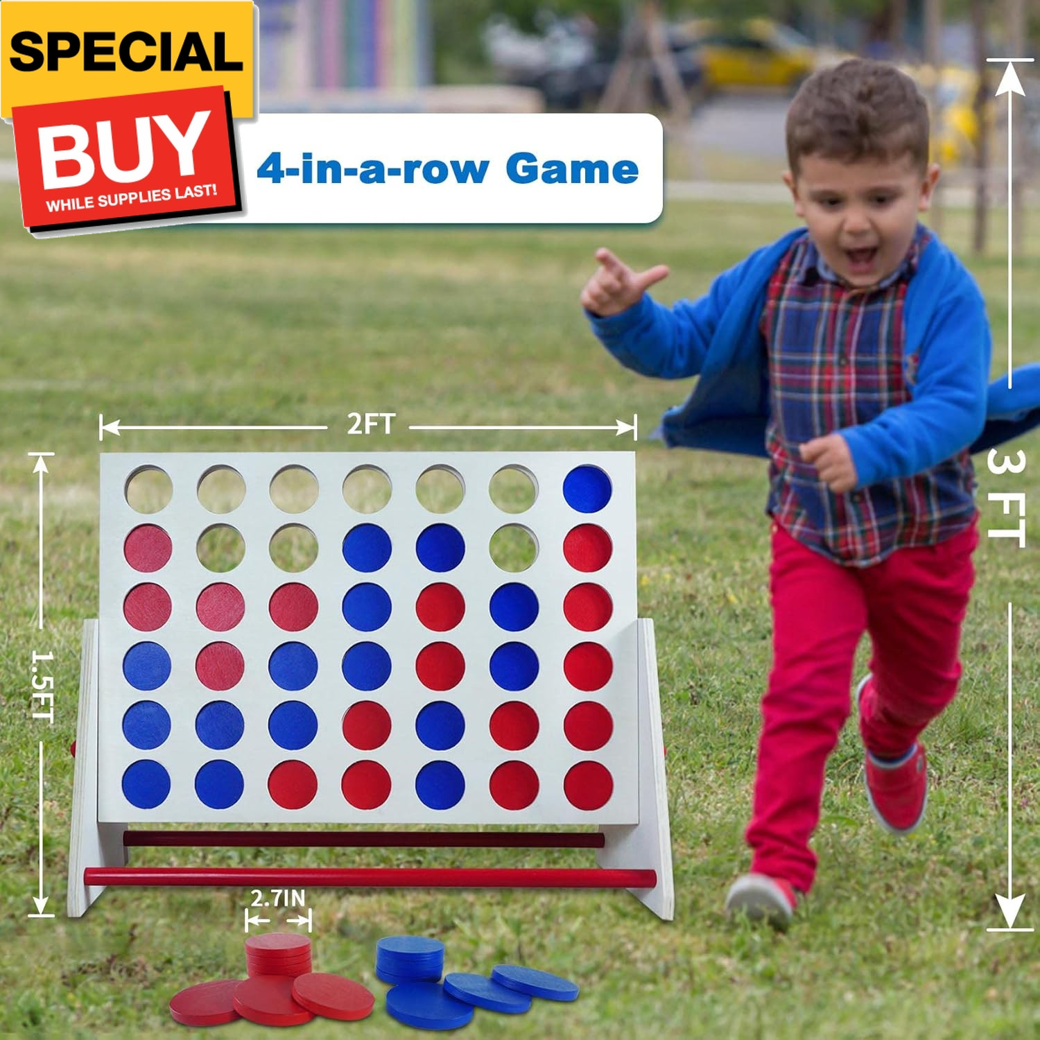 Portable Wooden 4 in a Row Game, Classic Wooden 4-to-Score Game Set with Coins &