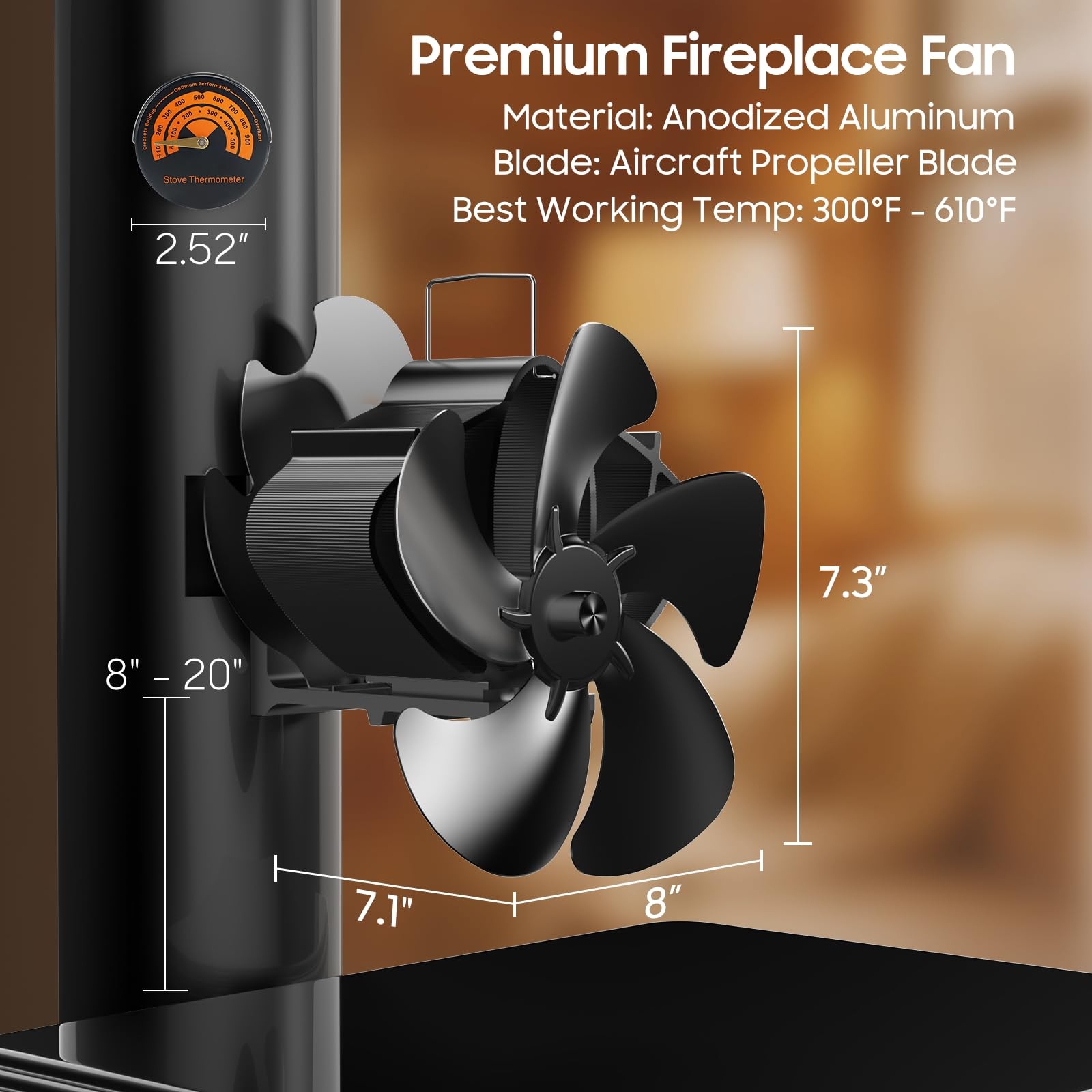 BOBEN Magnetic Wood Stove Fan with Thermometer, Heat Powered Fireplace Black