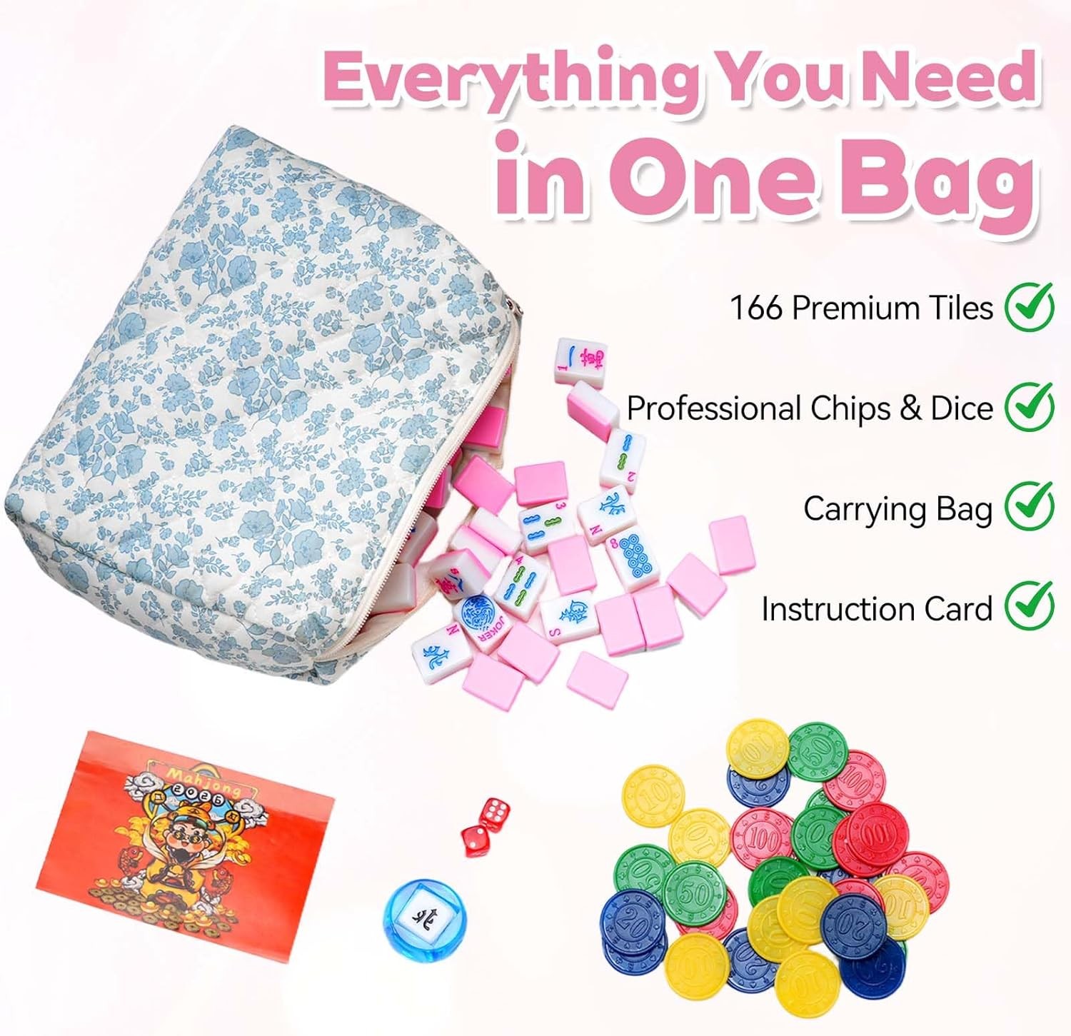 Mahjong Tile Set with 166 Premium Mahjong Tiles, Complete Set with Carrying Bag