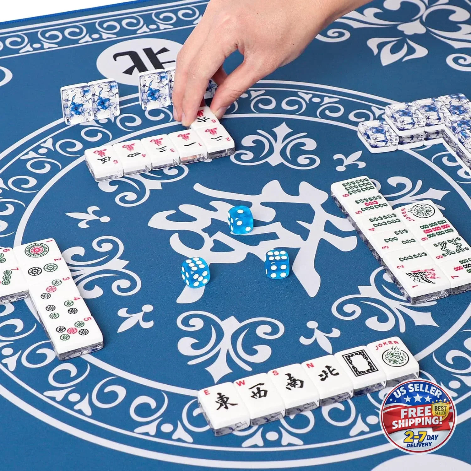 American Mahjong Set,166 Premium Acrylic Tiles with Blue Prints, 4 All-in-One Co