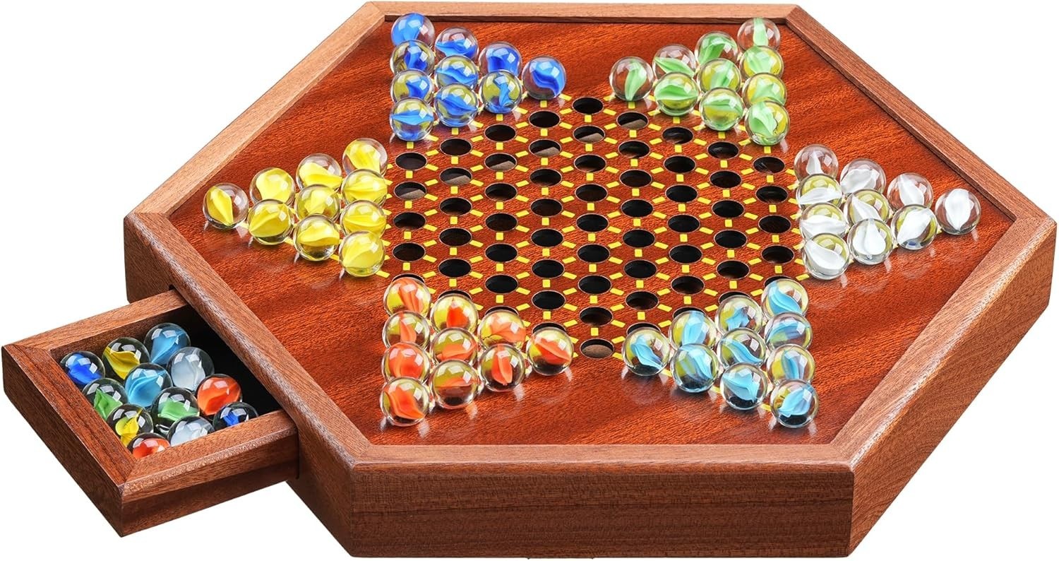 14.2” Chinese Checkers Game Set w/ 72 Glass Marbles + Storage Drawer