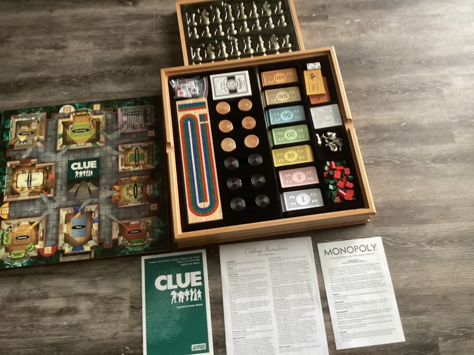 Hasbro/Parker Brothers, Monopoly, And Clue +6 Classic Games. Wooden Game Set