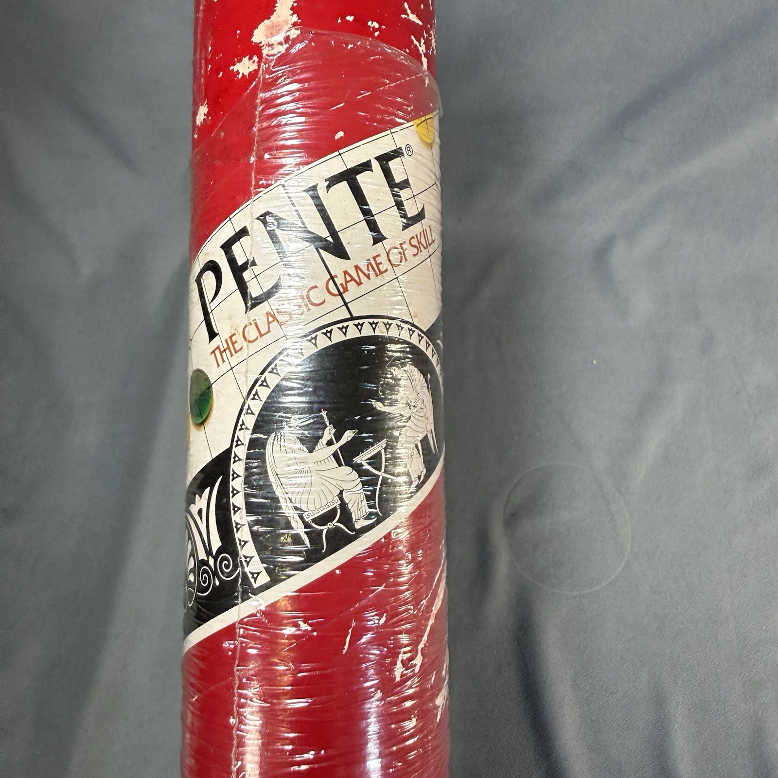 1987 Vintage Red Tube PENTE Game Yellow Green Purple Red Cobalt Blue Clear Stone