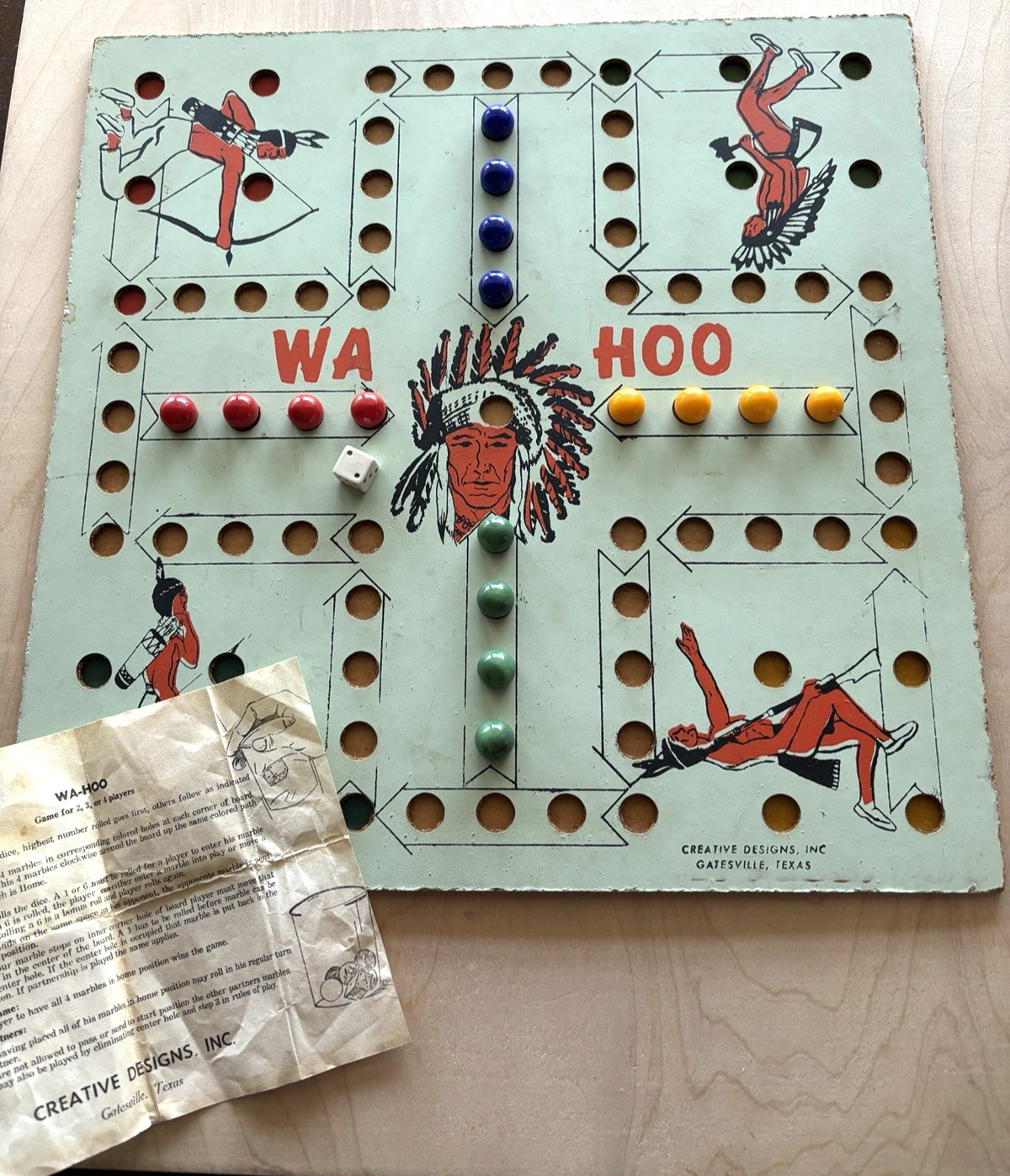 Early Vintage Wa Hoo Game Board Gatesville TX Original Marbles & Instructions