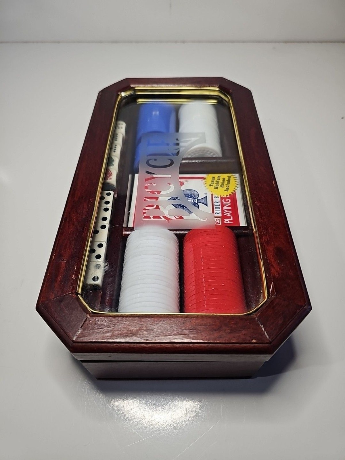 Bicycle Poker Set 1 Sealed Deck 10 Dice Red, Blue and White Chips Wood Box Glass
