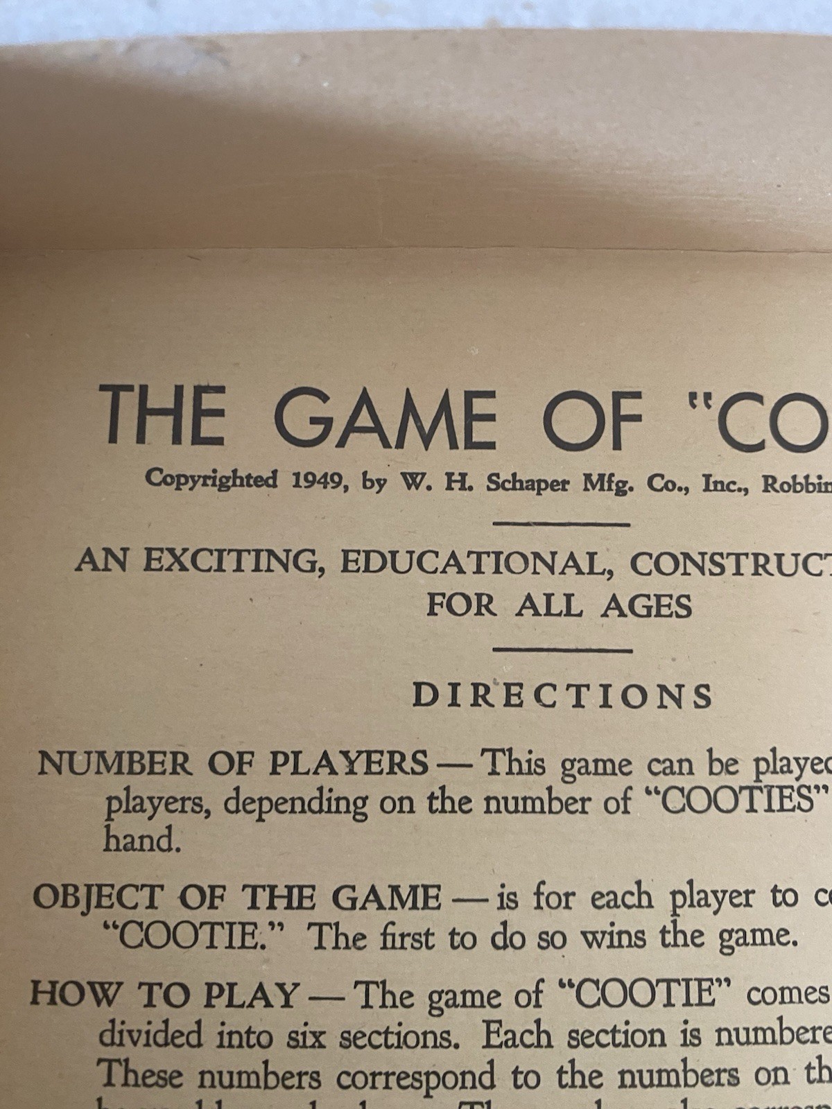 Vintage 1949 The GAME OF COOTIE Original Pieces Box Schaper 100% Complete