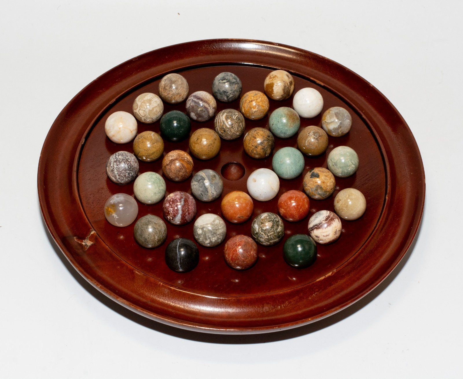 Wooden Solitaire Game 36 Natural Stone Marbles 9.5” Board