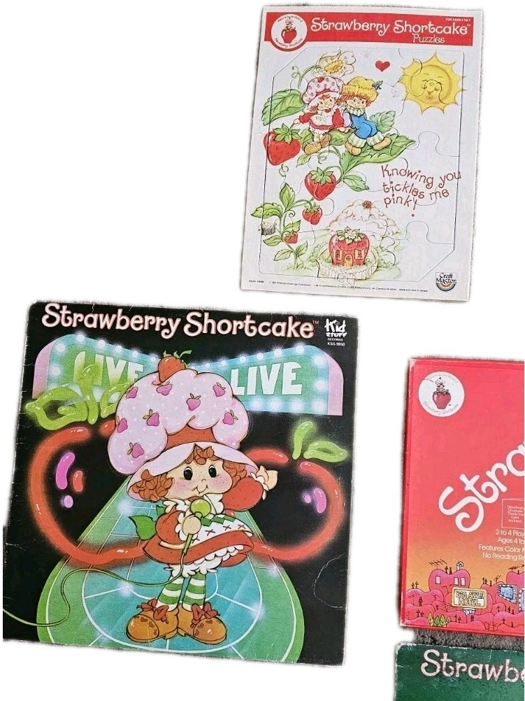 Vintage Strawberry Shortcake Lot- Board Game, 3 Puzzles & 4 Vinyl Records
